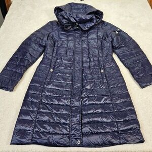 Lauren Ralph Lauren Quilted Puffer Hood Long Coat Navy‎ Preppy Women M Duck Down